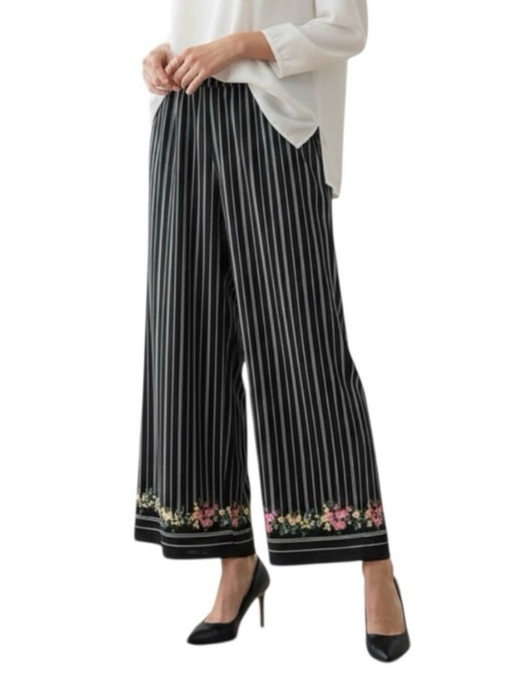 Roz & Ali High Waisted Wide Leg Pants Pinstripe Floral Trim Black White …